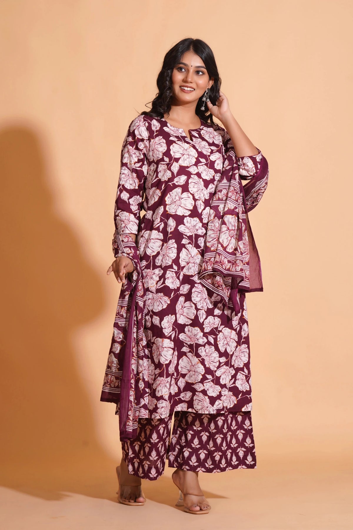 Click to view full screen Women's Majestic Maroon A-Line Floral Suit Set - Himdim Wear