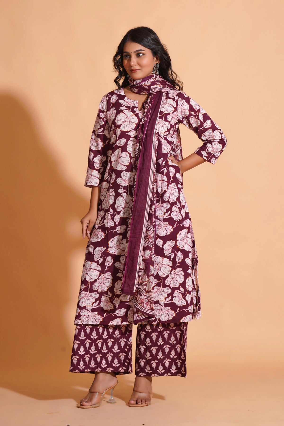 Click to view full screen Women's Majestic Maroon A-Line Floral Suit Set - Himdim Wear