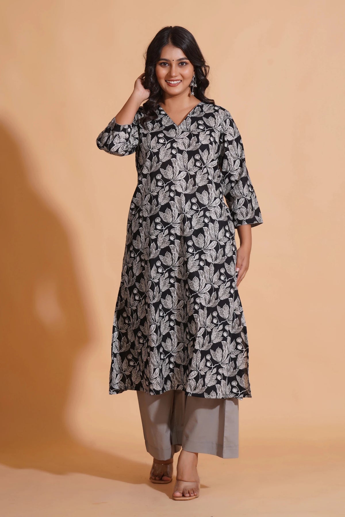 Click to view full screen Women's Monochrome Leaf Print A-Line Kurta Set - Himdim Wear