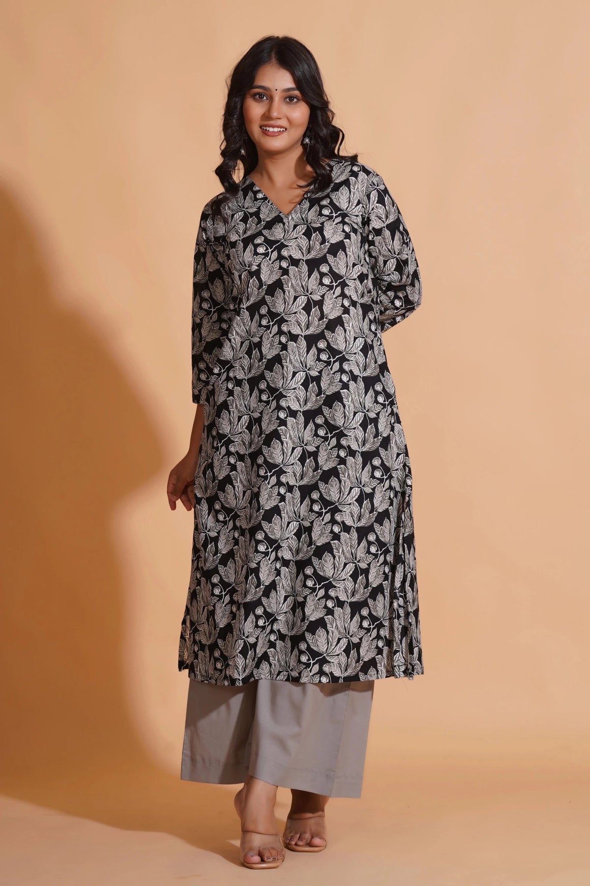 Click to view full screen Women's Monochrome Leaf Print A-Line Kurta Set - Himdim Wear