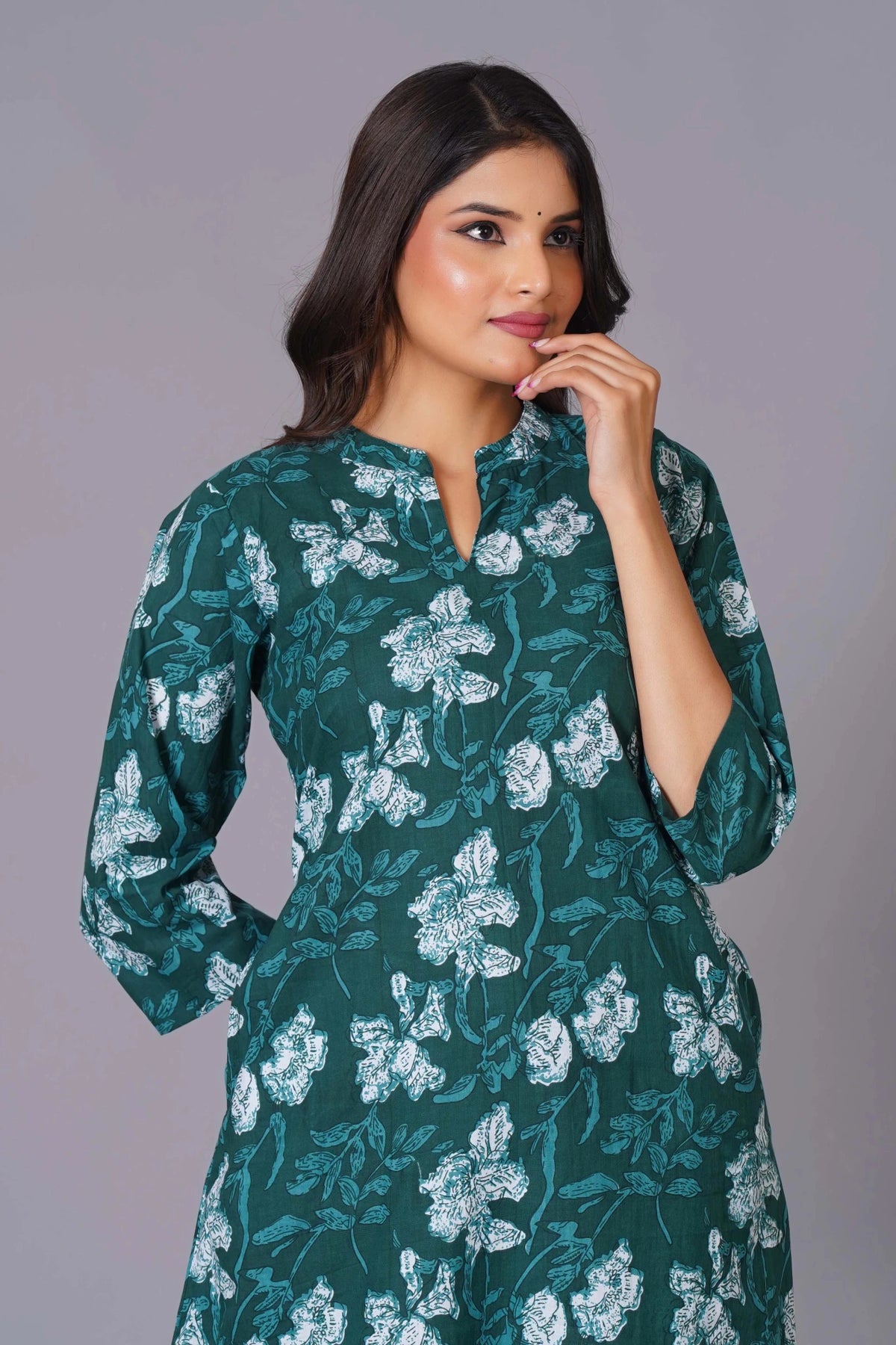 Click to view full screen Women's Teal Bloom A-Line Cotton Flared Kurta Set - Himdim Wear