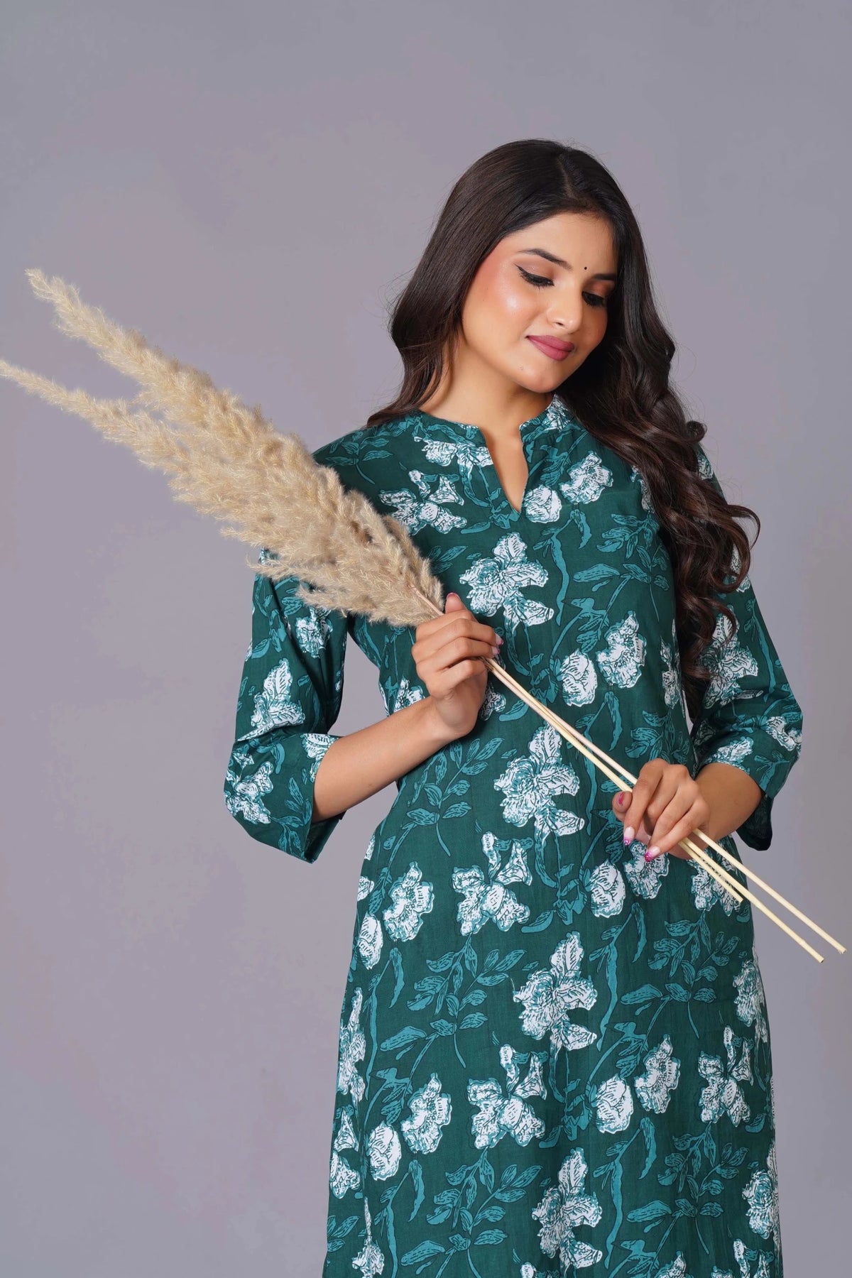 Click to view full screen Women's Teal Bloom A-Line Cotton Flared Kurta Set - Himdim Wear