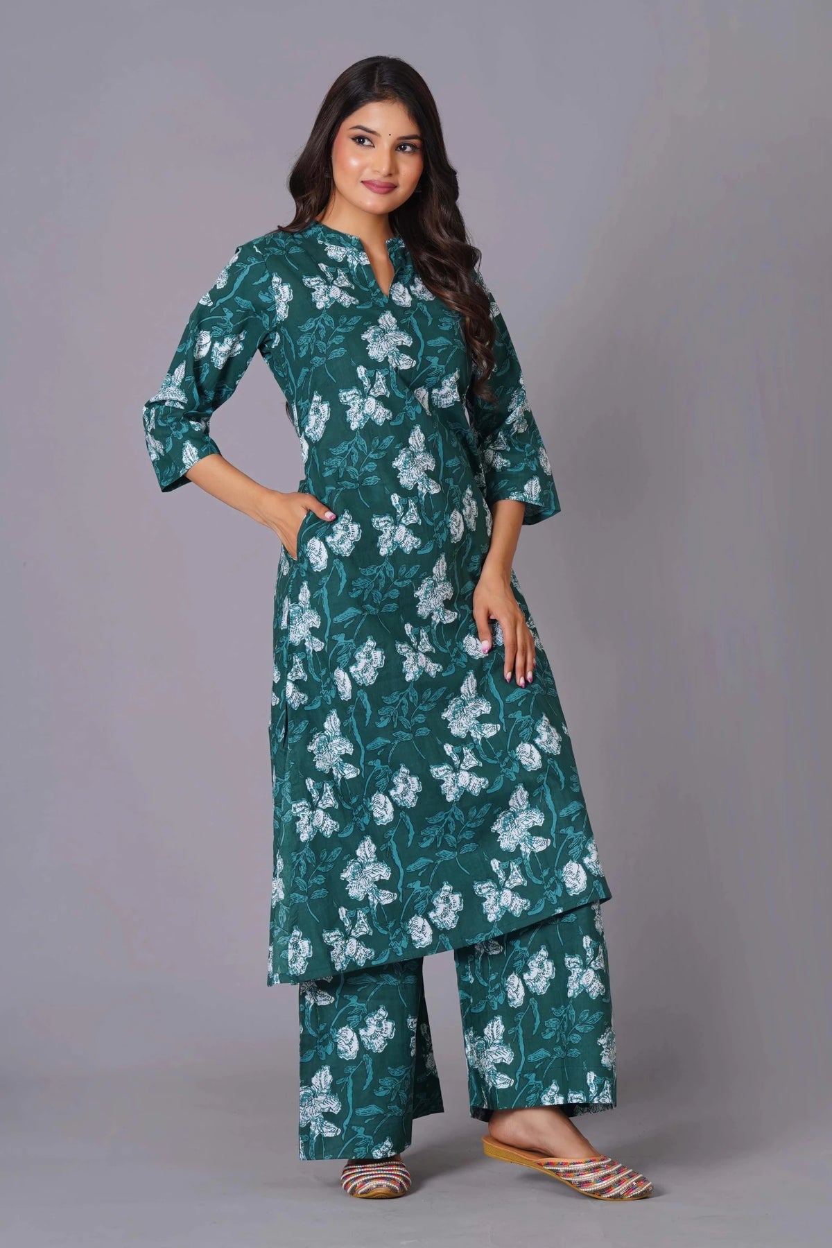 Click to view full screen Women's Teal Bloom A-Line Cotton Flared Kurta Set - Himdim Wear