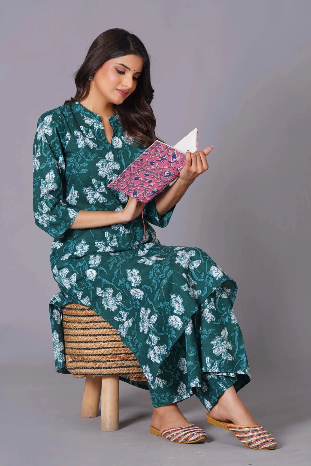 Click to view full screen Women's Teal Bloom A-Line Cotton Flared Kurta Set - Himdim Wear