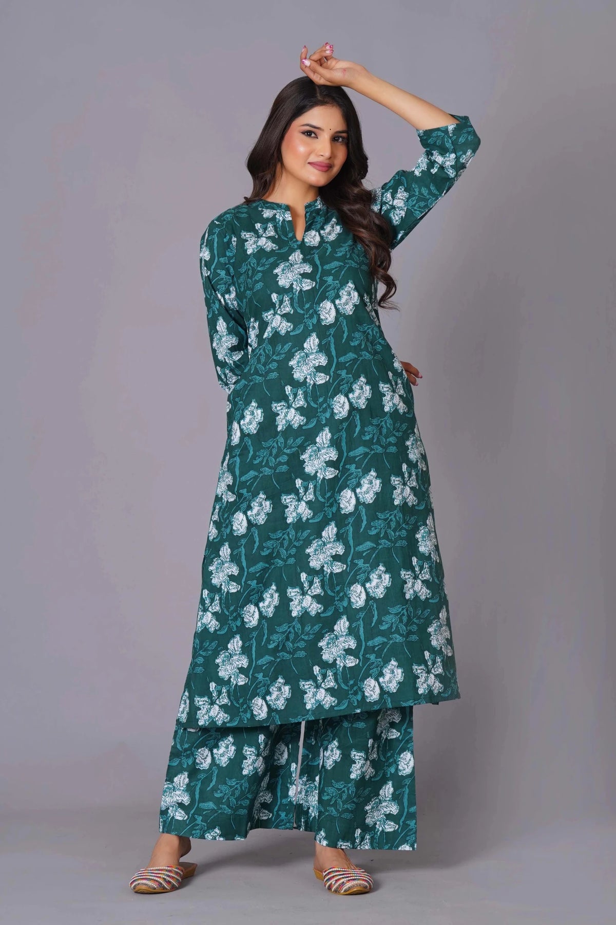 Click to view full screen Women's Teal Bloom A-Line Cotton Flared Kurta Set - Himdim Wear