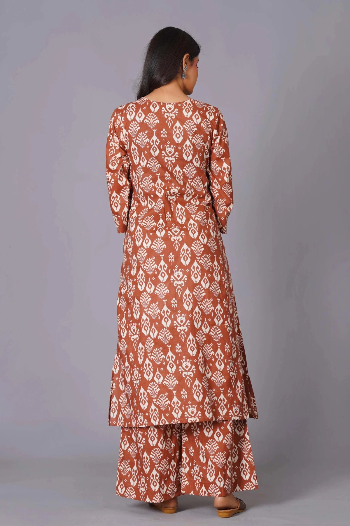 Click to view full screen Women's Terracotta Ikat Handblock A-Line Cotton Suit Set - Himdim Wear