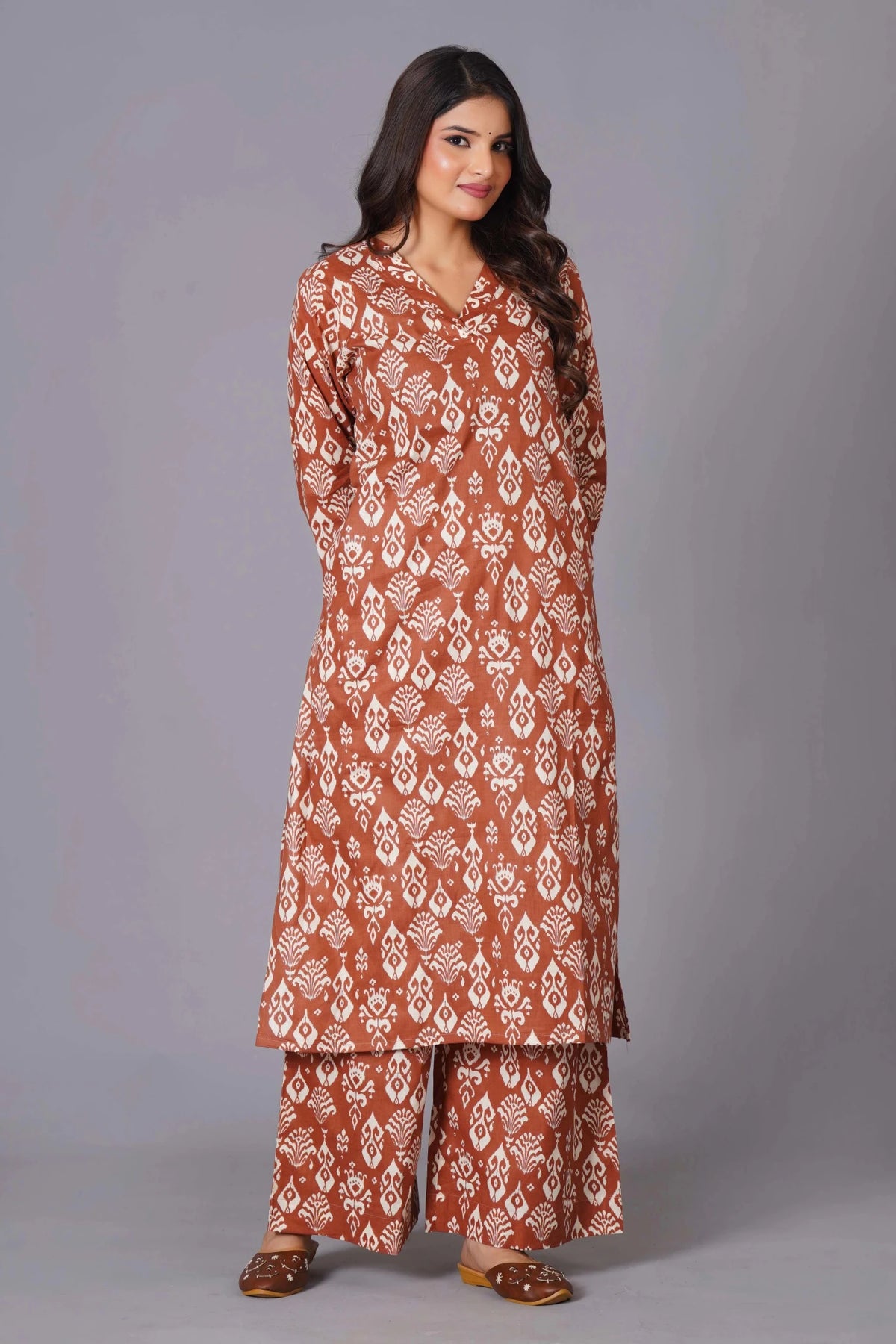 Click to view full screen Women's Terracotta Ikat Handblock A-Line Cotton Suit Set - Himdim Wear