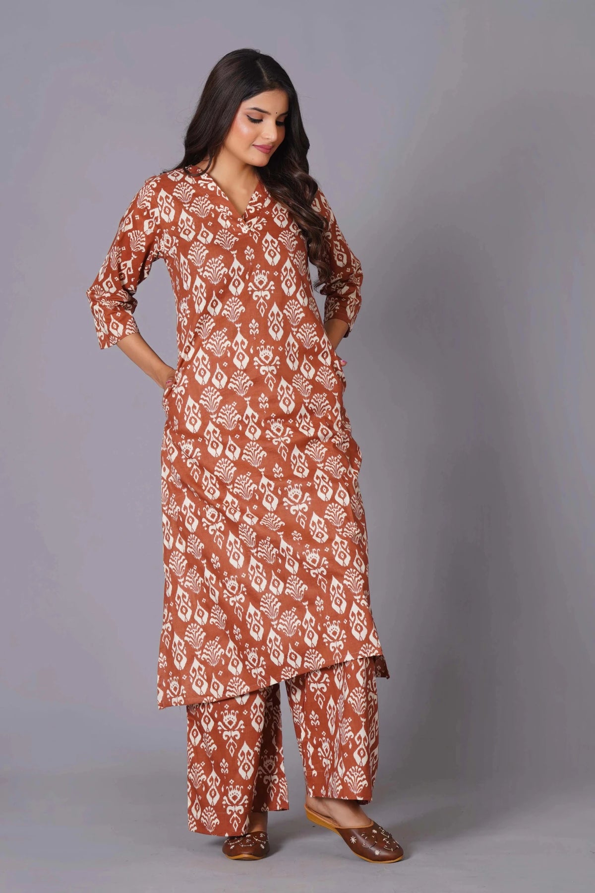 Click to view full screen Women's Terracotta Ikat Handblock A-Line Cotton Suit Set - Himdim Wear