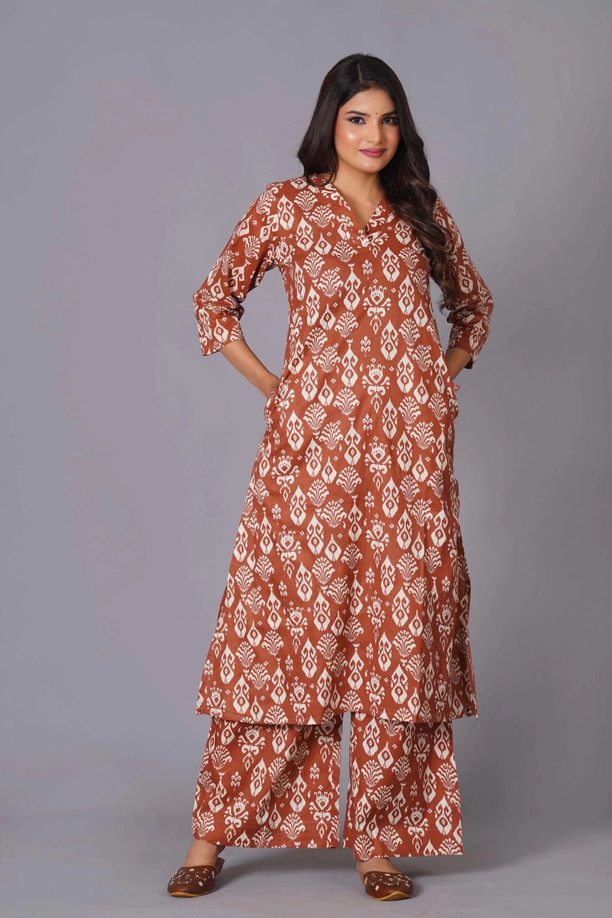 Click to view full screen Women's Terracotta Ikat Handblock A-Line Cotton Suit Set - Himdim Wear