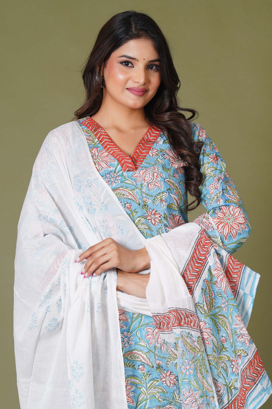 Azure Floral Block Print Cotton Suit Set – Perfect Summer Ethnic Wear for Women in India - Himdim Wear