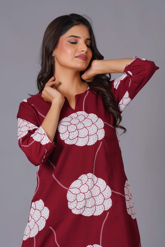 Crimson Blossom Floral Cotton Kurta Set | Stylish Wear - Himdim Wear