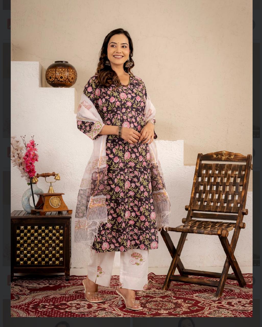 Black Floral Handblock  Cotton suit Set