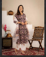 Black Floral Handblock  Cotton suit Set