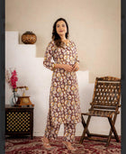 Mustard Floral Printed Kurta Pant Set