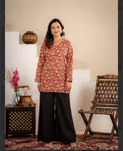 Rust Red Floral Printed Short Kurta Set