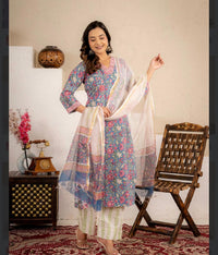 Azure Bloom Handblock Cotton suit set