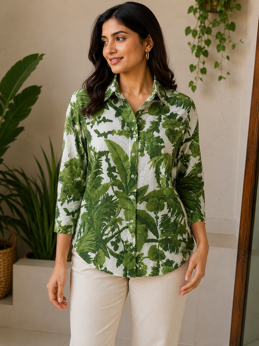 Green Botanical Print Cotton Shirt