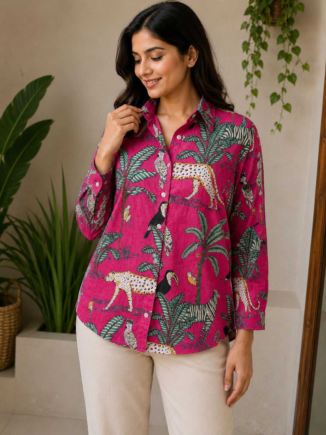 Magenta Safari Print Cotton Shirt