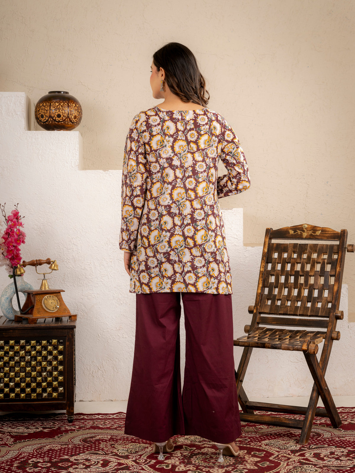 Wine Gold Floral Cotton Short Kurta Set
