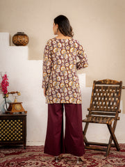 Wine Gold Floral Cotton Short Kurta Set
