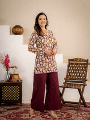 Wine Gold Floral Cotton Short Kurta Set