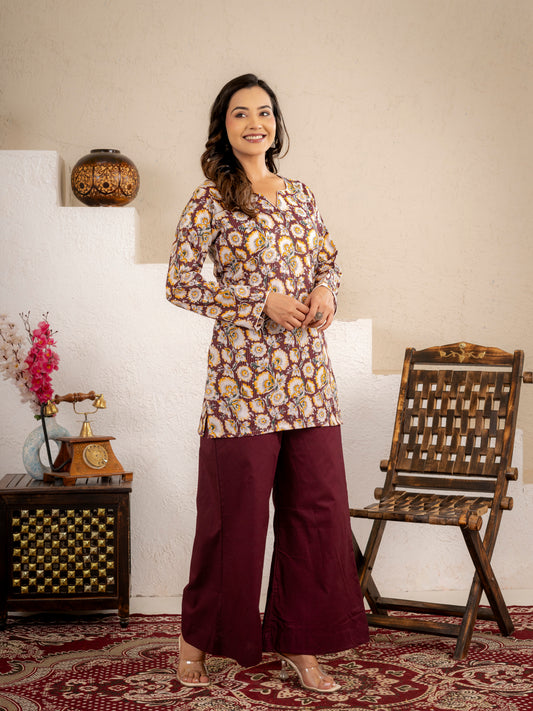 Wine Gold Floral Cotton Short Kurta Set