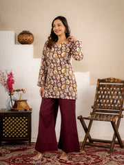 Wine Gold Floral Cotton Short Kurta Set