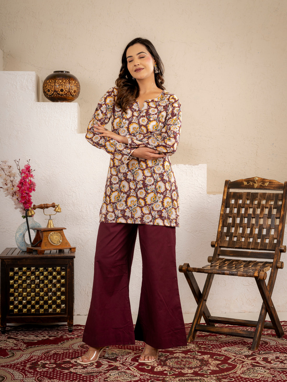 Wine Gold Floral Cotton Short Kurta Set