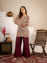 Wine Gold Floral Cotton Short Kurta Set