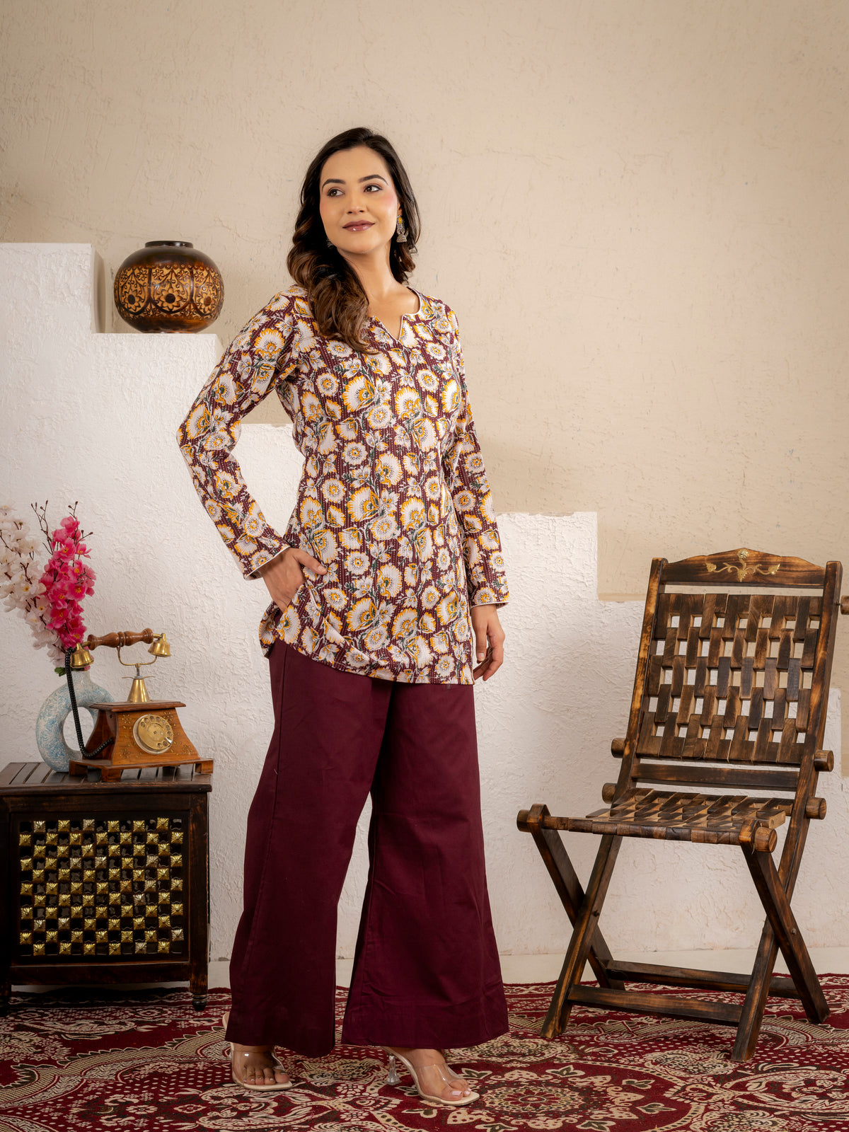 Wine Gold Floral Cotton Short Kurta Set