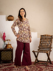 Wine Gold Floral Cotton Short Kurta Set