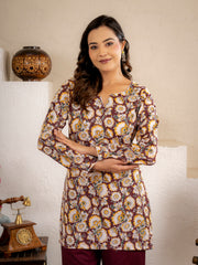 Wine Gold Floral Cotton Short Kurta Set