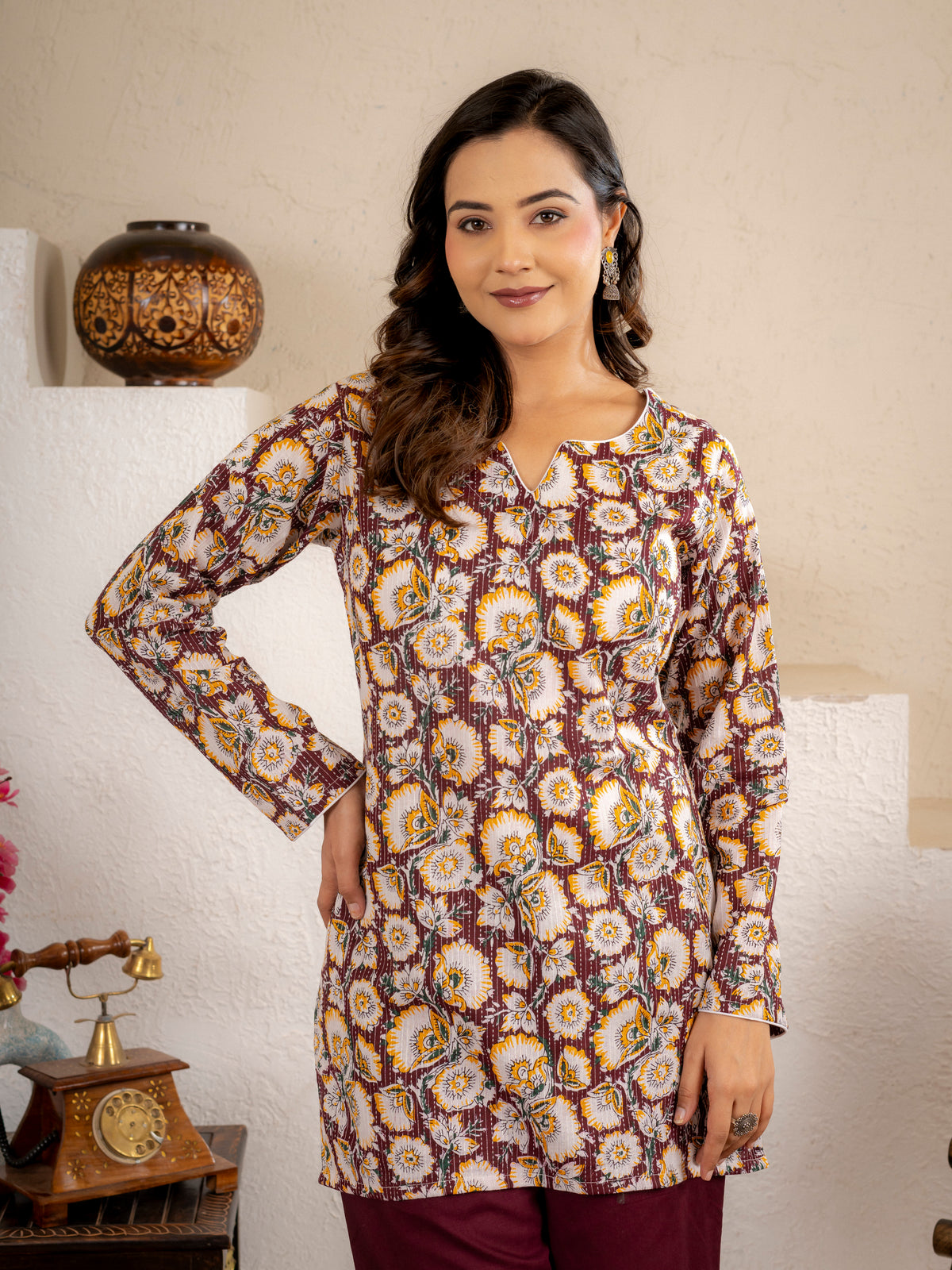 Wine Gold Floral Cotton Short Kurta Set