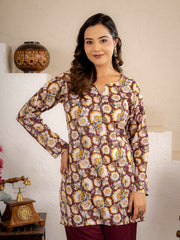 Wine Gold Floral Cotton Short Kurta Set