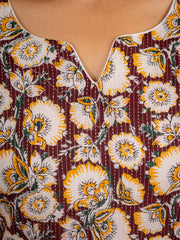 Wine Gold Floral Cotton Short Kurta Set