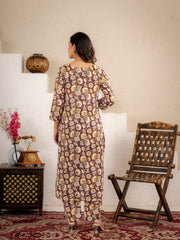 Mustard Floral Printed Kurta Pant Set