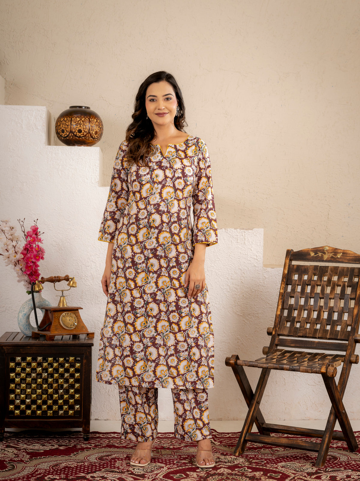 Mustard Floral Printed Kurta Pant Set