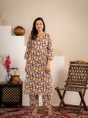 Mustard Floral Printed Kurta Pant Set