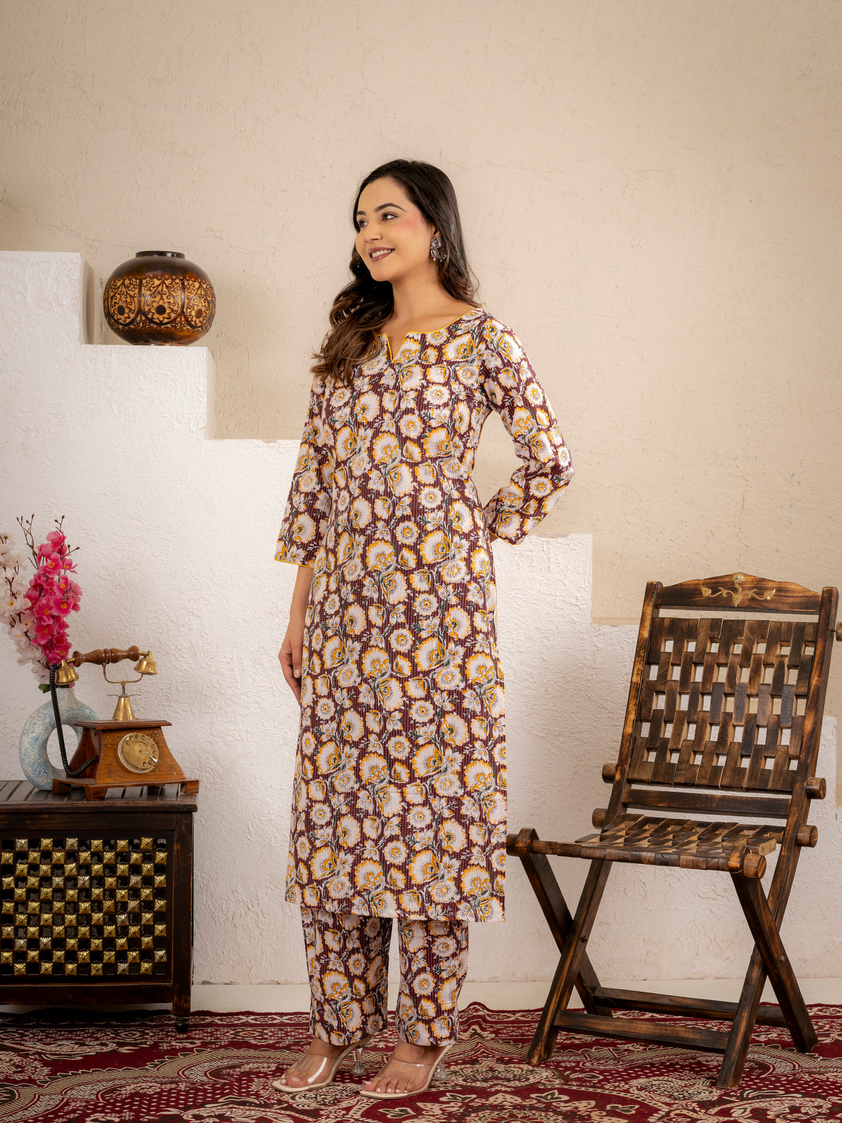 Mustard Floral Printed Kurta Pant Set