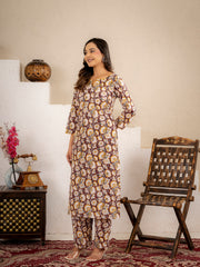 Mustard Floral Printed Kurta Pant Set