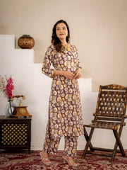 Mustard Floral Printed Kurta Pant Set