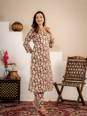 Mustard Floral Printed Kurta Pant Set