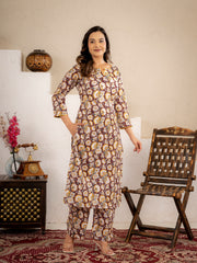 Mustard Floral Printed Kurta Pant Set