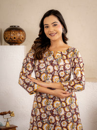 Wine Gold Floral Cotton Short Kurta Set