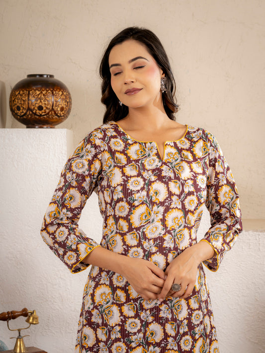 Mustard Floral Printed Kurta Pant Set