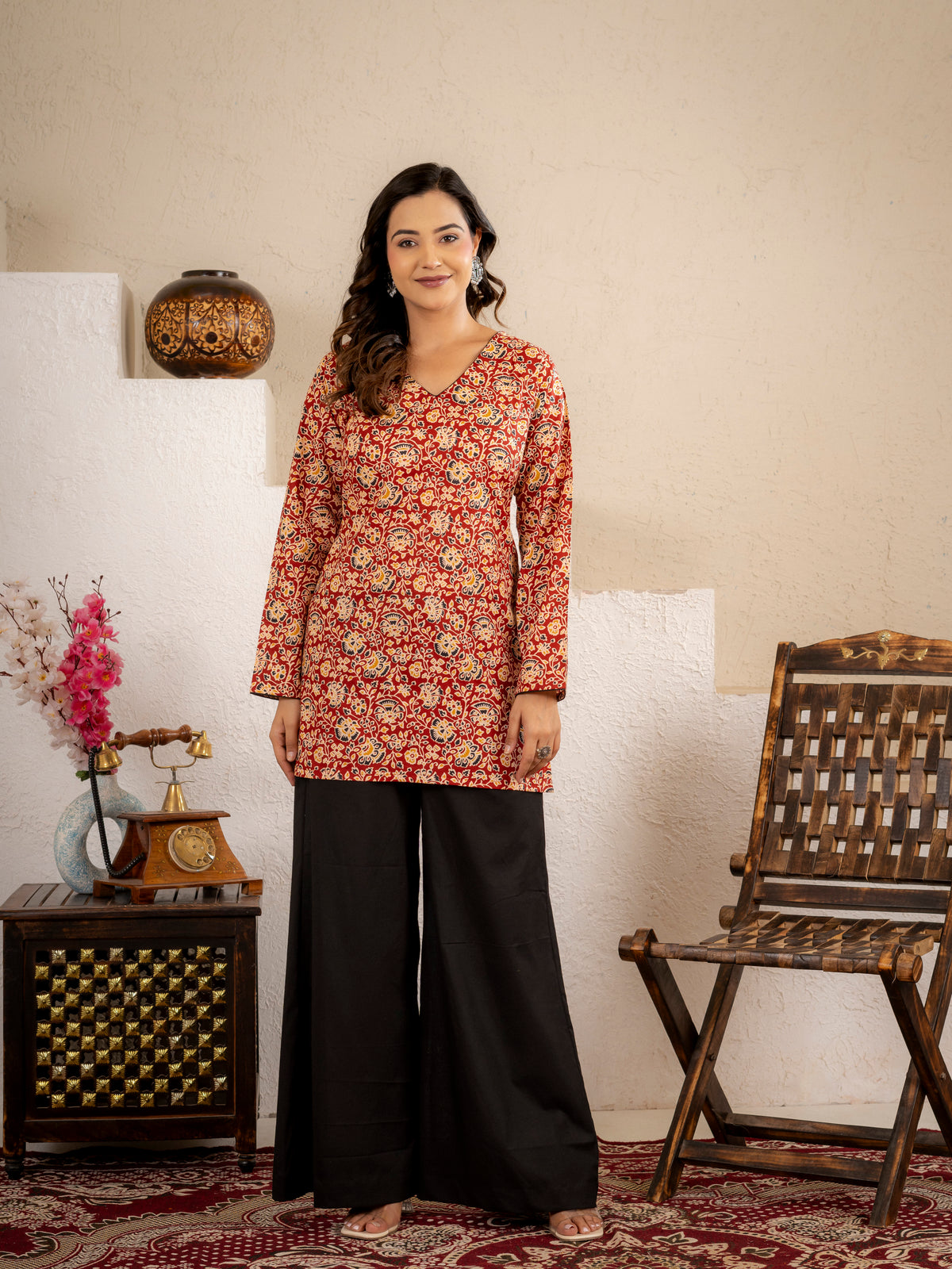 Rust Red Floral Printed Short Kurta Set