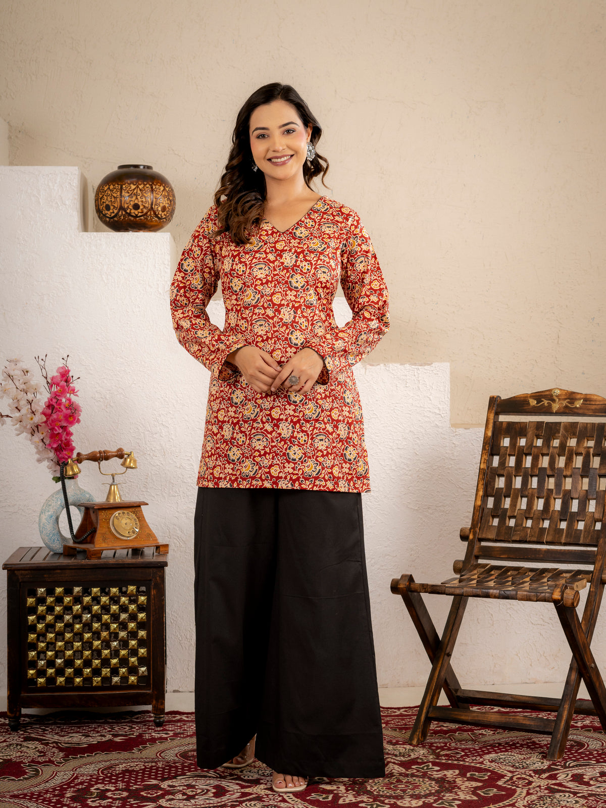 Rust Red Floral Printed Short Kurta Set