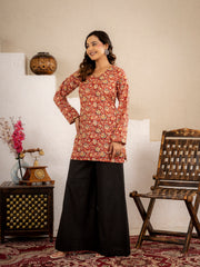 Rust Red Floral Printed Short Kurta Set