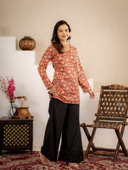 Rust Red Floral Printed Short Kurta Set