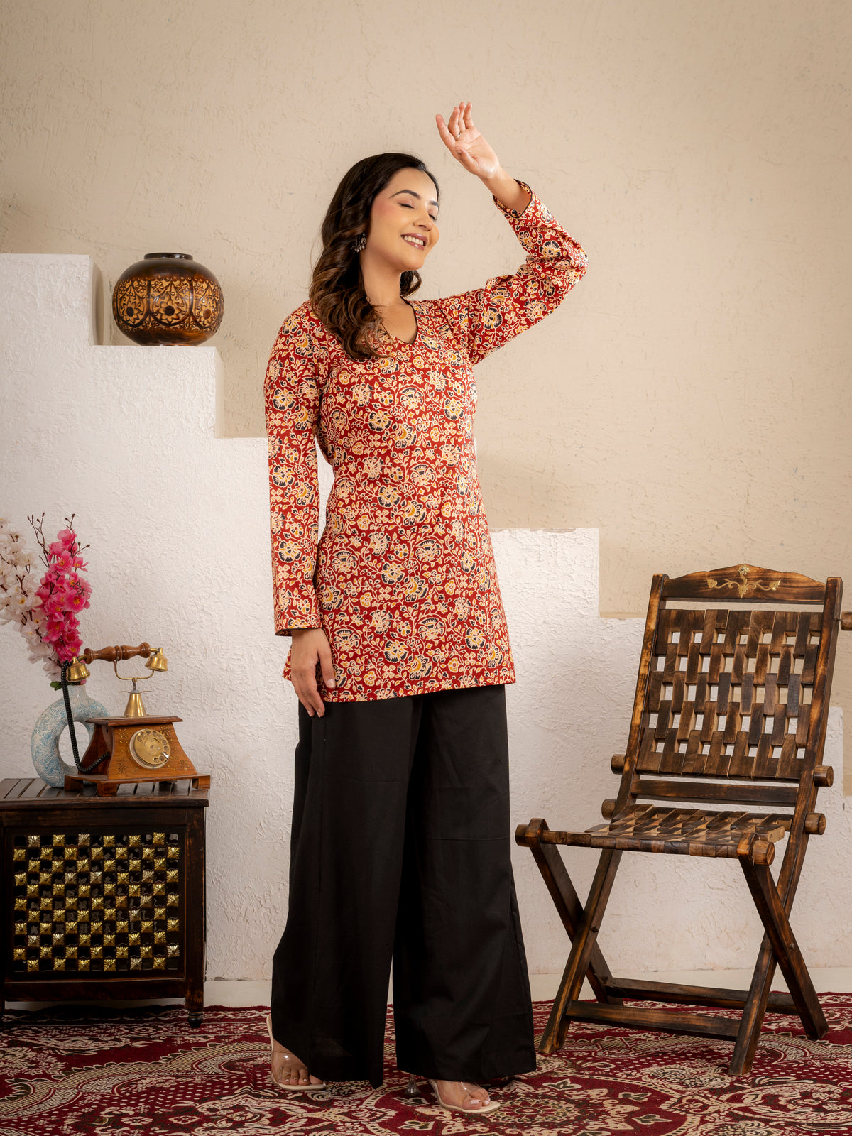 Rust Red Floral Printed Short Kurta Set